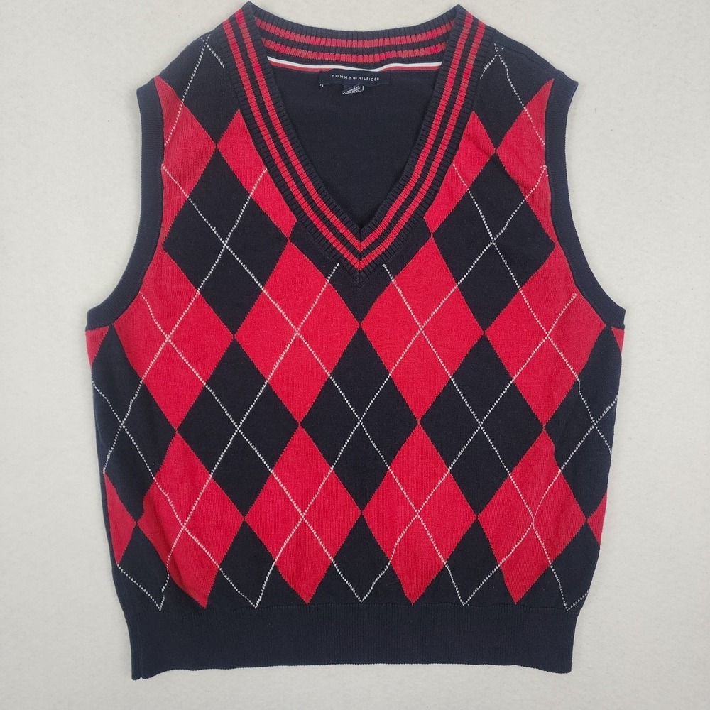 Tommy Hilfiger Sweater Vest Mens XL Red Black Argyle Knit V Neck Preppy Y2K